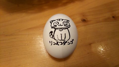 描き上がりました。うちの猫リンスコダンゴの卵アートの完成です。